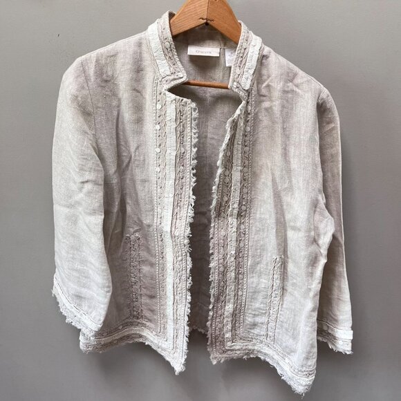 Chico's Linen Blend Open Front Light Jacket Womens 3 Extra Large Beige Sequin‎ - - Picture 1 of 5